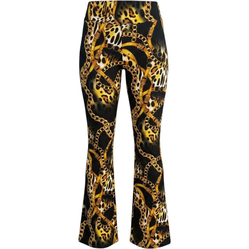 No Boundaries Flare Leggings Large Leopard Gold Chain Print Y2k Mob Wife
